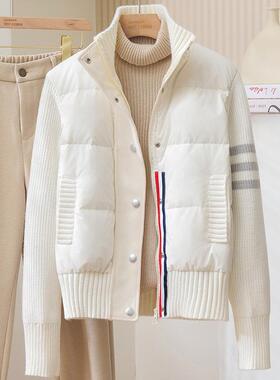 羽绒服女短款针织拼接小个子时尚潮外套秋冬季新款轻薄白鸭绒立领