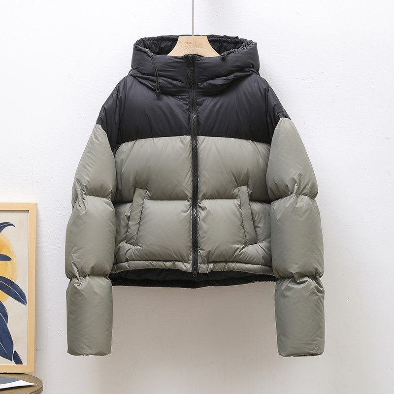 肯豆风拼色连帽羽绒服女短款加厚宽松面包服小个子冬季新款外套潮