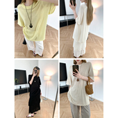 亚麻玩家 轻薄针织罩衫 中长款 时髦ROW风 圆领宽松套头上衣中袖 女