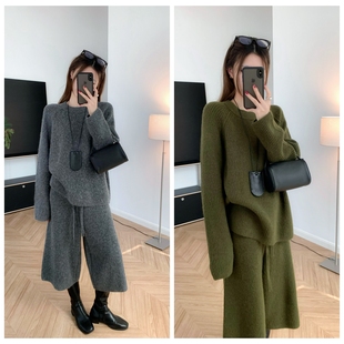 时髦两件套 插肩圆领宽松毛衣+阔腿七分裤休闲裤秋冬厚实针织套装