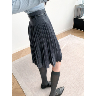 减龄miu风 配腰带羊毛混纺针织百褶裙高腰短裙时髦半身裙秋冬百搭