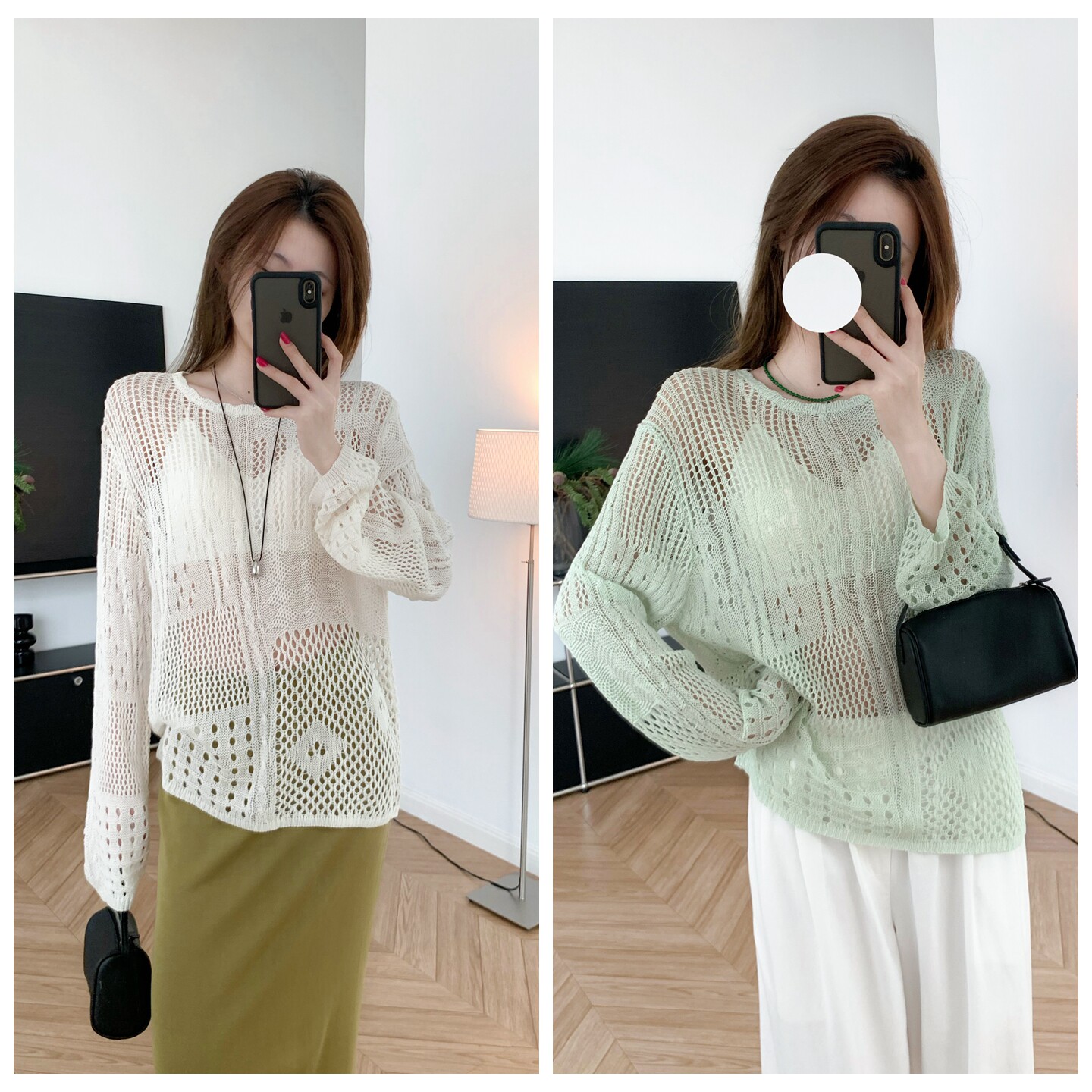 田园少女感镂空 夏季亚麻针织宽松罩衫圆领防晒套头上衣慵懒长袖