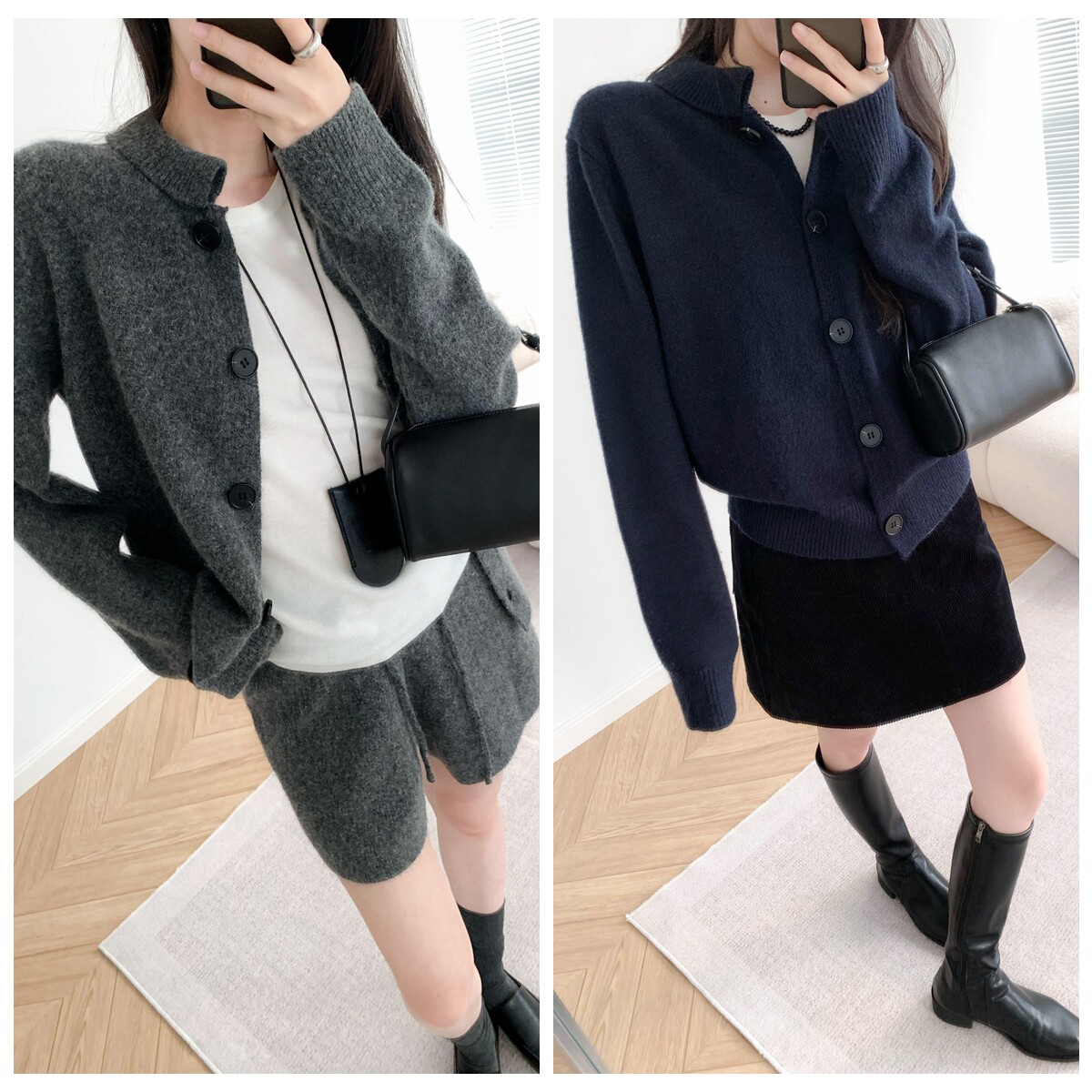 时髦简约 复古翻折 小立领夹克式开衫秋冬毛衣外套短款针织衫上衣