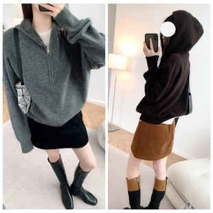 闲适时髦 拉链连帽 厚实半门襟拉链毛衣宽松套头秋冬保暖针织衫女