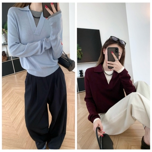 多可能性 撞色Polo领针织衫羊毛混纺长袖假两件毛衣秋冬简约休闲