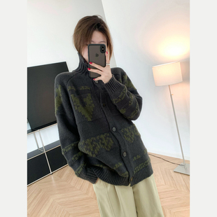 费尔岛提花 25秋冬时髦粗棒针织外套宽松女 立领翻领两穿毛衣开衫