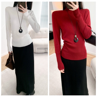 新颖罗纹设计 高腰束袖 半高领针织衫秋冬打底羊毛混纺内搭毛衣女