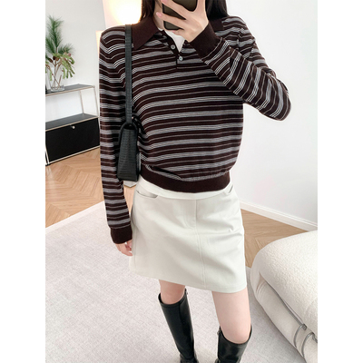 时髦撞色条纹针织长袖Polo衫