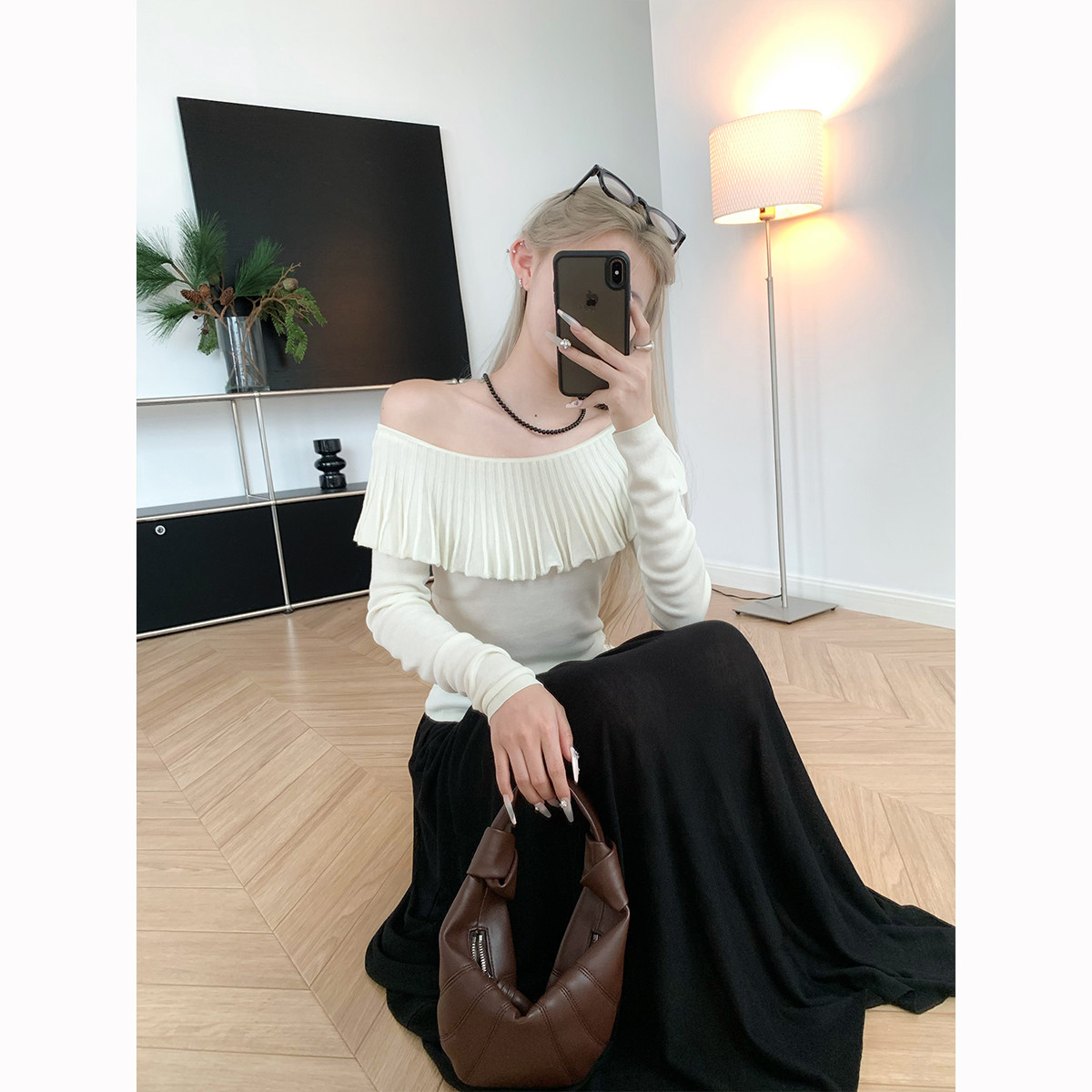 法式浪漫 领子两穿 荷叶边天丝莱赛尔针织衫长袖一字领上衣早秋女