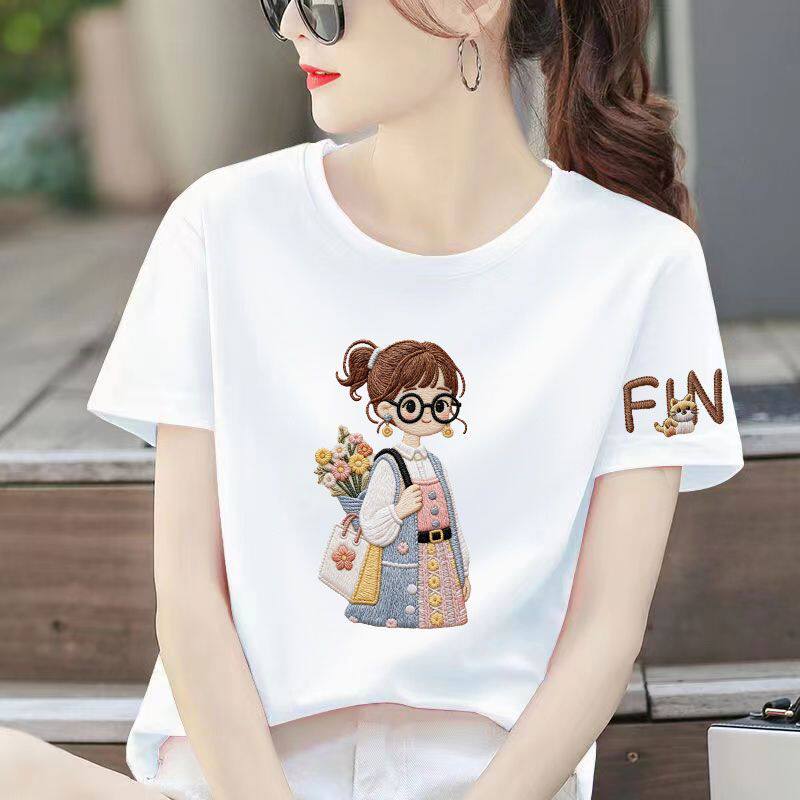 2026新款韩版宽松大码女装胖mm印花卡通绣花圆领短袖t恤上衣