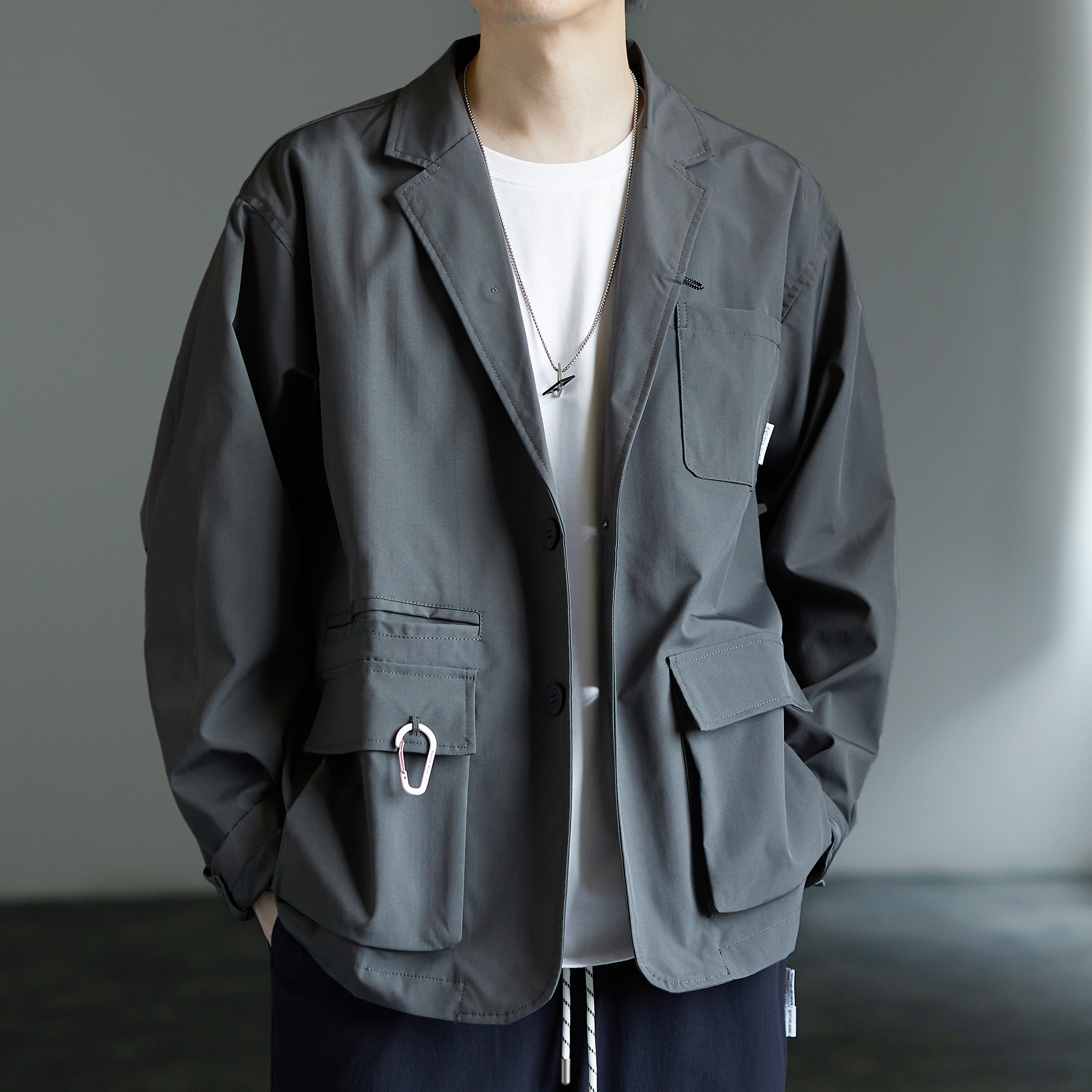 写意LastFreehand秋季日系复古简约宽松男士休闲西服灰色西装外套
