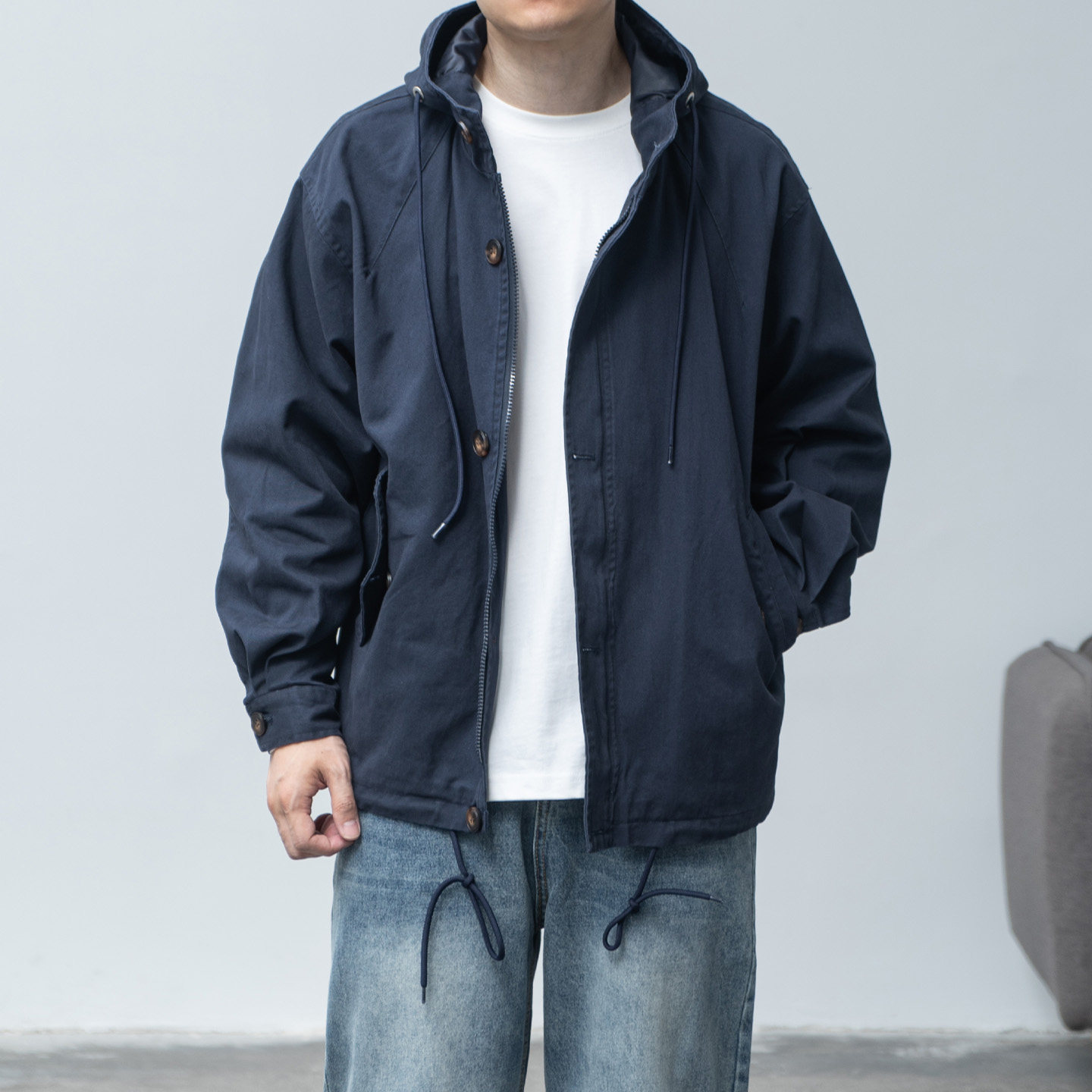 LFH写意 水洗做旧纯棉纱卡工装连帽风衣男秋新款宽松休闲夹克外套