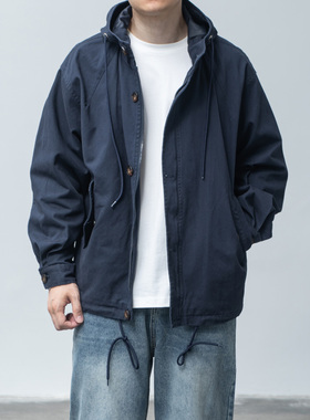 LFH写意 水洗做旧纯棉纱卡工装连帽风衣男秋新款宽松休闲夹克外套