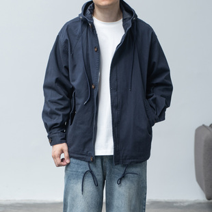 连帽风衣男秋新款 宽松休闲夹克外套 水洗做旧纯棉纱卡工装 LFH写意