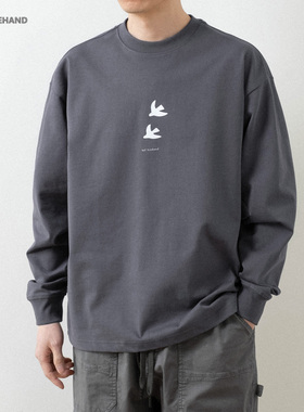 LFH写意 305G重磅纯棉印花长袖男T恤春季oversize小领口宽松潮T