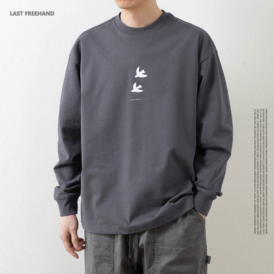 LFH写意 305G重磅纯棉印花长袖男T恤春季oversize小领口宽松潮T