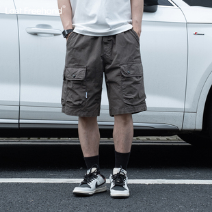LFH写意 水洗棉做旧工装复古男士短裤日系宽松休闲松紧腰五分裤男