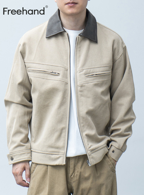 LFH写意 秋季重磅粗砂珠地重工水洗巴恩风皮领底特律版夹克外套男