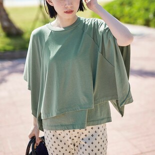 清仓Castle of Scotland短袖T恤宽松休闲女士巴恩风不规则上衣