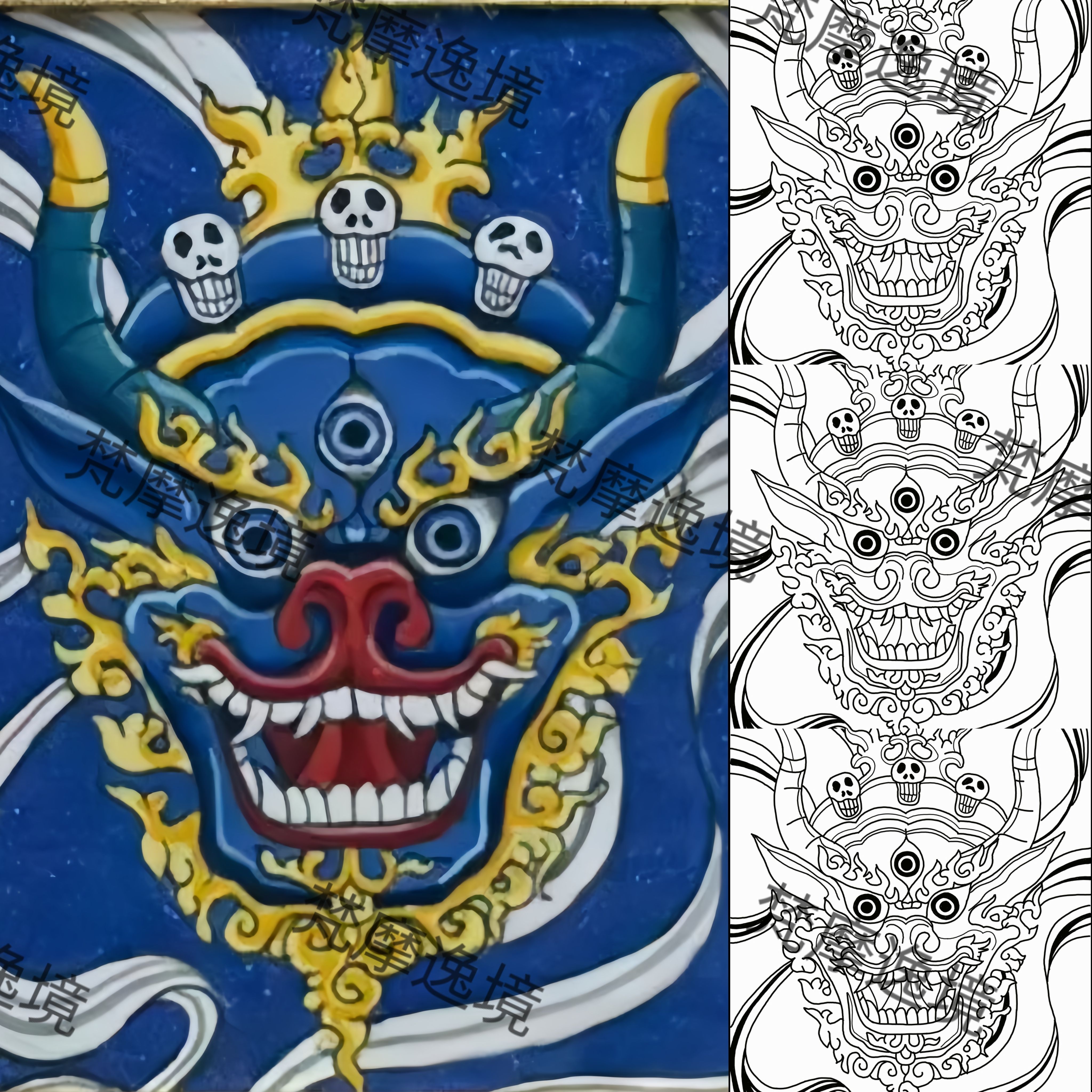 唐卡线稿DIY大威金刚唐卡西藏唐卡纯手绘唐卡描金佛像白描线稿