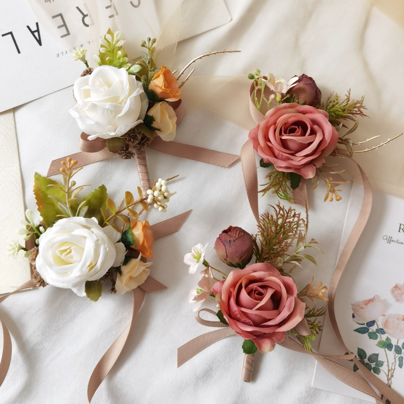 复古豆沙粉色玫瑰胸花手腕花