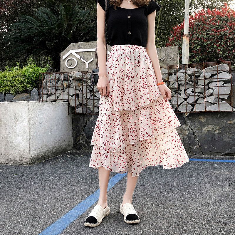 2019春夏新款chic風清新愛心雪紡中長款荷葉邊魚尾高腰蛋糕半身裙在類目 女裝/女士精品, 半身裙中 - 來自Buy2taobao.com提供專業的淘寶代購服務