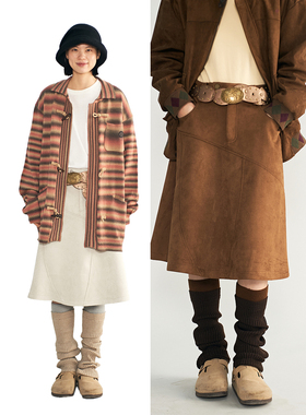 NKGC 秋冬新品 复古美式时髦拼接A字半裙民族风麂皮中裙 两色入