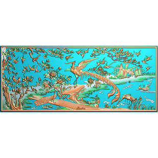 精雕图百鸟朝凤床背板凤凰花鸟挂屏横屏浮雕图灰度图木雕图 F4406