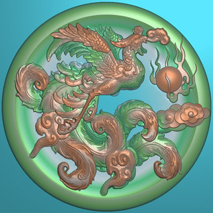精雕图圆形凹底凤凰挂件玉雕挂牌雕刻图灰度图木雕图玉雕图 F4232