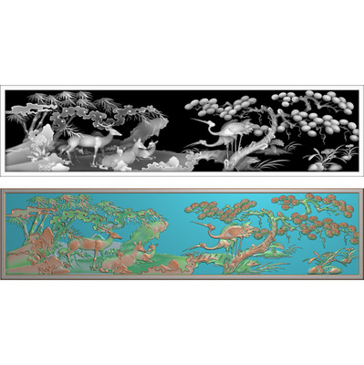精雕图 风景山水 松树仙鹤 梅花鹿群 灰度图 F3723