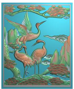 松鹤延年精雕图灰度图松鹤石材雕刻图影壁雕刻图5.21带线 F4636