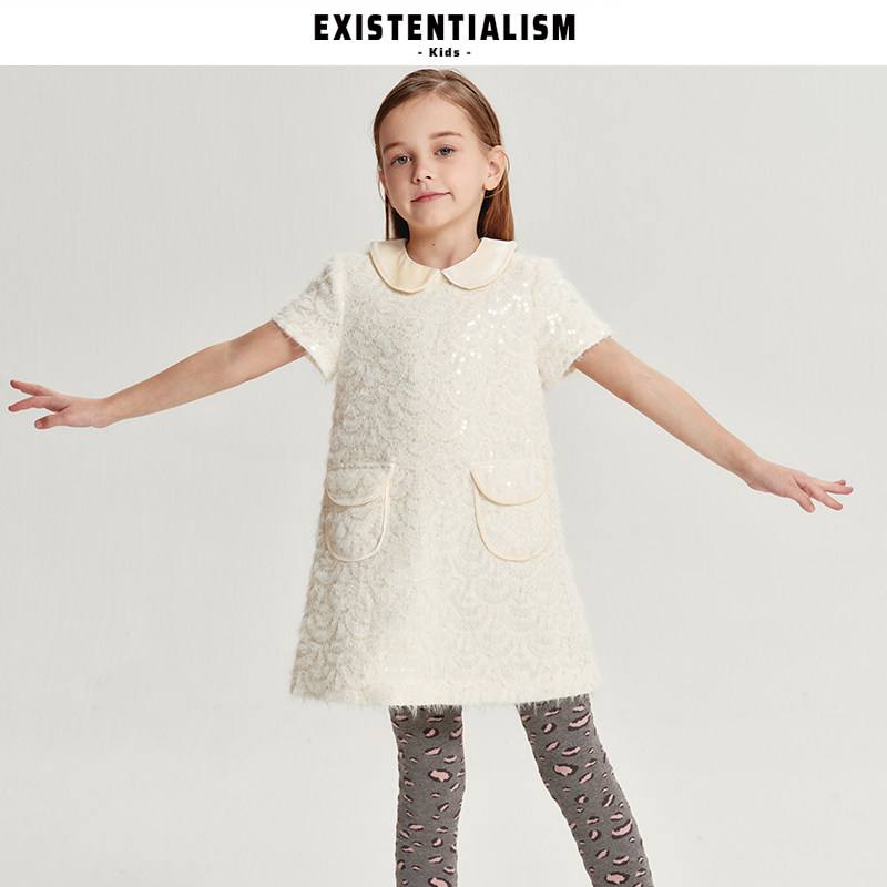 EXISTENTIALISMkids25新款娃娃领A字裙亮片鱼鳞绒绒经典连衣裙