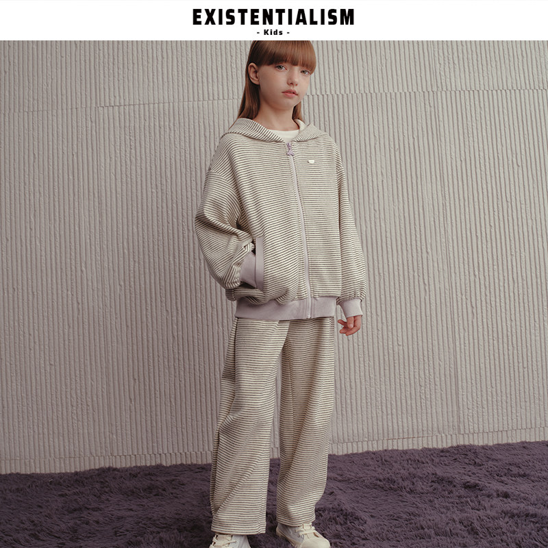 EXISTENTIALISMKids25新款条纹撞色刺绣连帽卫衣休闲直筒裤套装