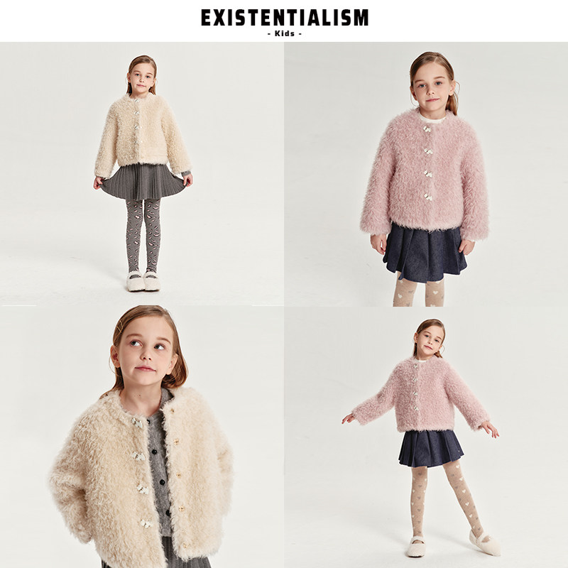EXISTENTIALISMkids25新款小狗纽扣洋气女童上衣羊毛小皮草外套