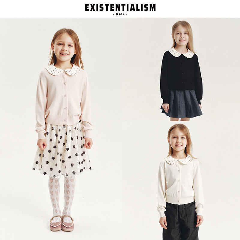 EXISTENTIALISMkids26ss新款学院风软糯上衣波点娃娃领凉感开衫