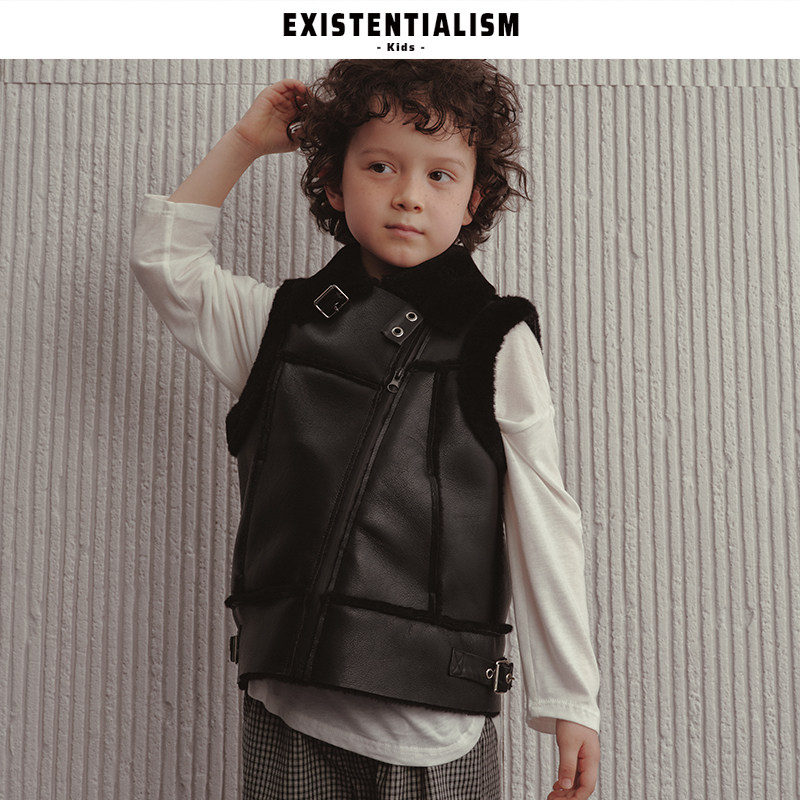 EXISTENTIALISMkids25新款童装酷飒时尚翻领马甲皮毛机车风黑背心