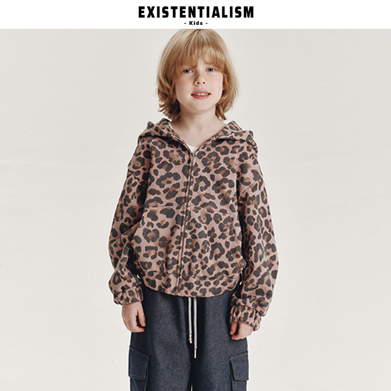 EXISTENTIALISMkids26ss新款童装宽松洋气连帽外套豹纹卫衣开衫