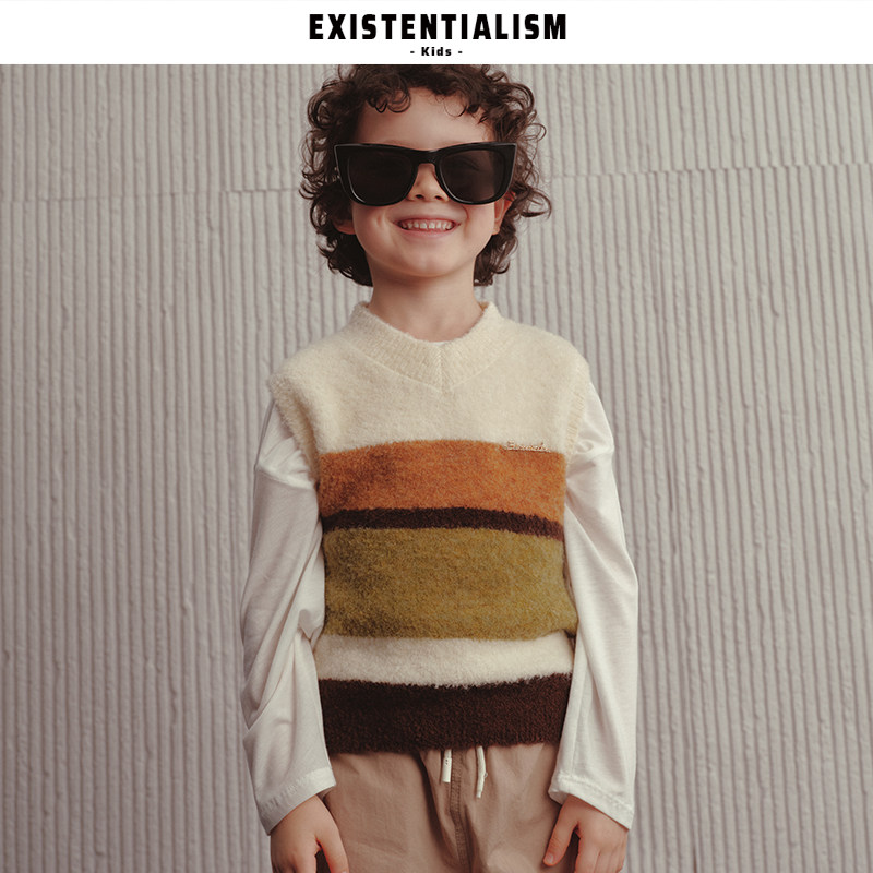 EXISTENTIALISMKids25新款童装彩块蓬蓬暖毛针织背心撞色亲肤上衣