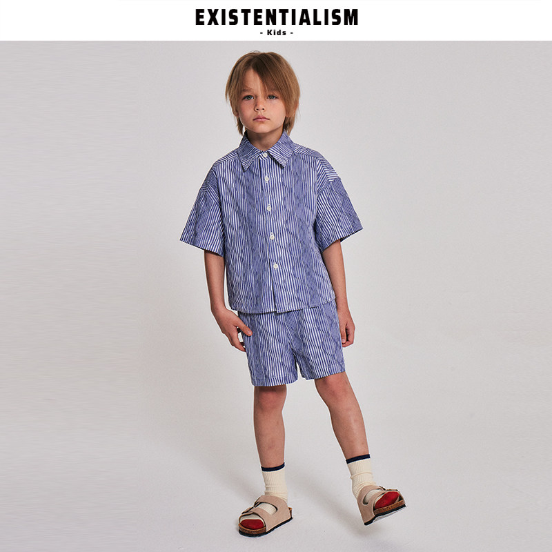 EXISTENTIALISMKids男童夏季套装立体条纹衬衫宽松短袖短裤两件套