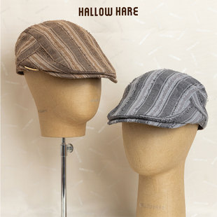HallowHare复古文艺条纹鸭舌帽前进帽棕色灰色