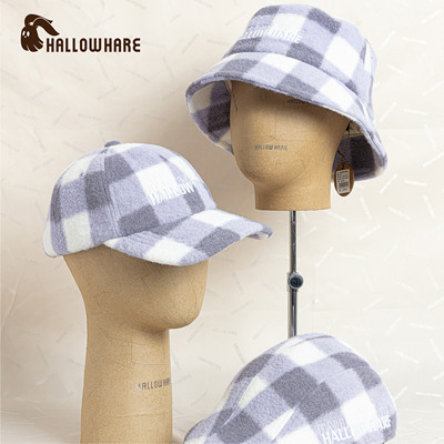 秋冬韩版浅紫格纹毛呢帽