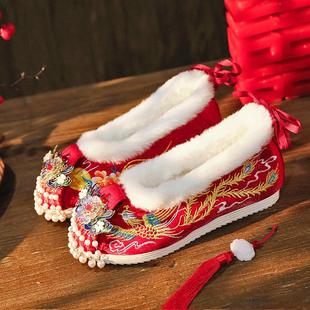 冬季加绒秀禾婚鞋配旗袍内增高绣花鞋复古中式汉服鞋裙褂新娘鞋女