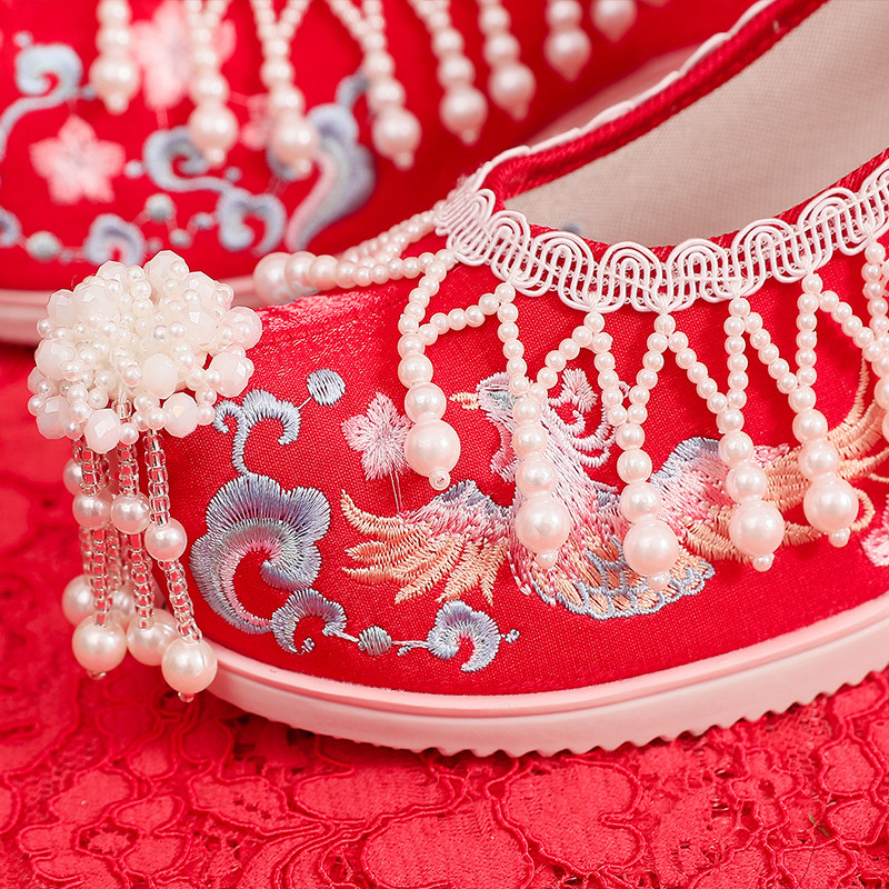 XIUHE WEDDING SHOES WOMENS ORIGINAL PEARL TASSELS HANFU SHOES EMBROIDERED SHOES ANTIQUE STYLE RED BRIDAL SHOES