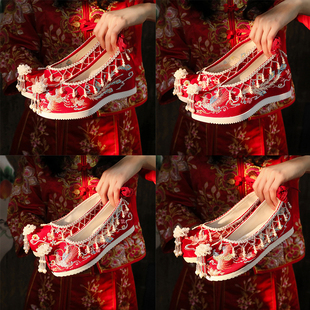秀禾婚鞋女原创珍珠流苏汉服鞋子绣花鞋古风内增高红色中式新娘鞋