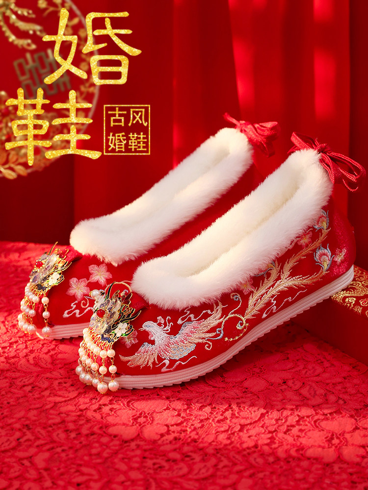 HANFU SHOES CHILDRENS WINTER VELVET XIUHE CLOTHES WEDDING SHOES EMBROIDERED SHOES ANTIQUE STYLE RED BRIDAL SHOES