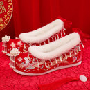 加绒汉服鞋 婚礼新娘秀禾婚鞋 女古装 古风翘头中式 内增高绣花鞋 冬季