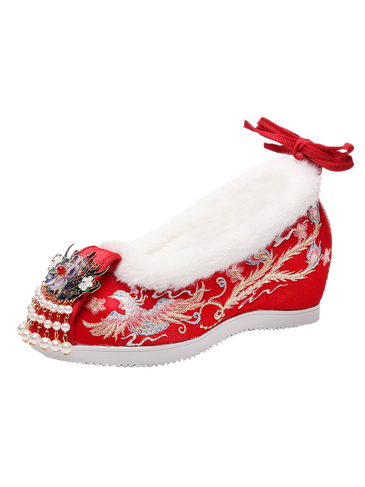 HANFU SHOES CHILDRENS WINTER VELVET XIUHE CLOTHES WEDDING SHOES EMBROIDERED SHOES ANTIQUE STYLE RED BRIDAL SHOES