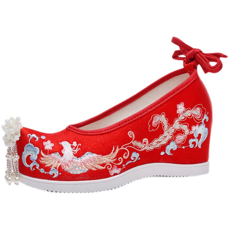 XIUHE WEDDING SHOES WOMENS ORIGINAL PEARL TASSELS HANFU SHOES EMBROIDERED SHOES ANTIQUE STYLE RED BRIDAL SHOES