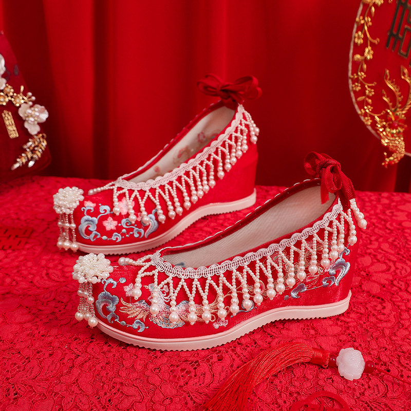 XIUHE WEDDING SHOES WOMENS ORIGINAL PEARL TASSELS HANFU SHOES EMBROIDERED SHOES ANTIQUE STYLE RED BRIDAL SHOES