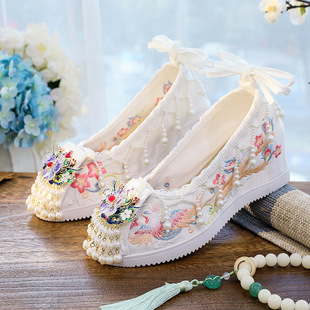 唐制汉服鞋内增高淡雅白色百搭刺绣九尾狐翘头履弓鞋古风鞋子布鞋